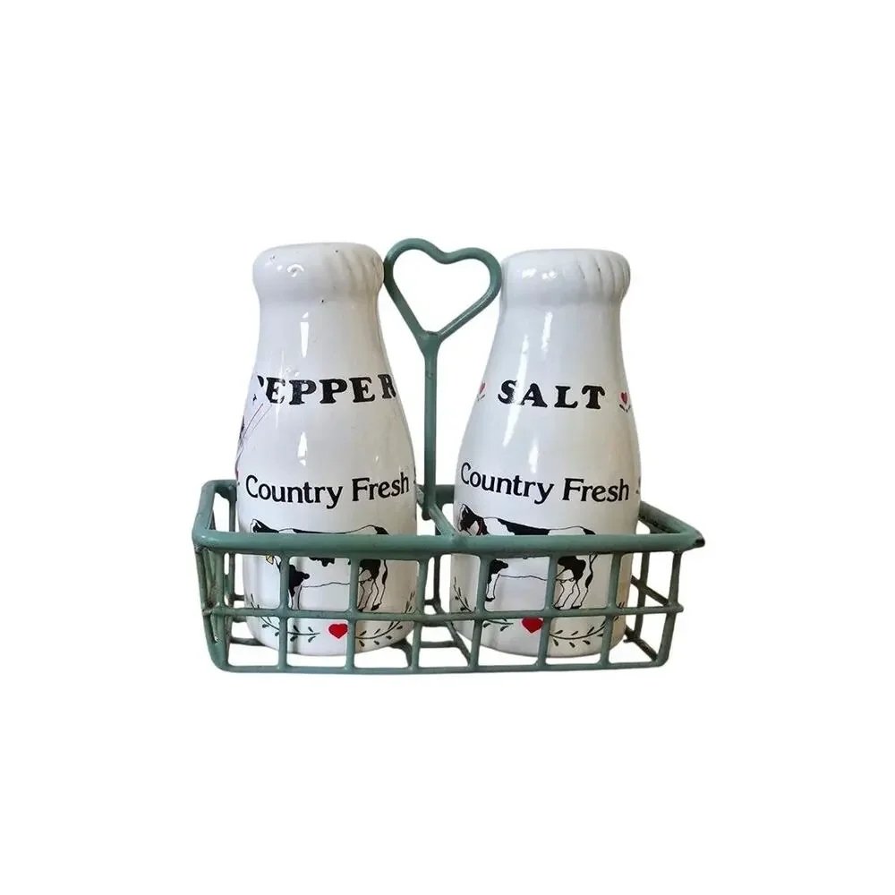 Country Fresh Milk Jug Salt & Pepper Shakers With Wire Basket See Desc
